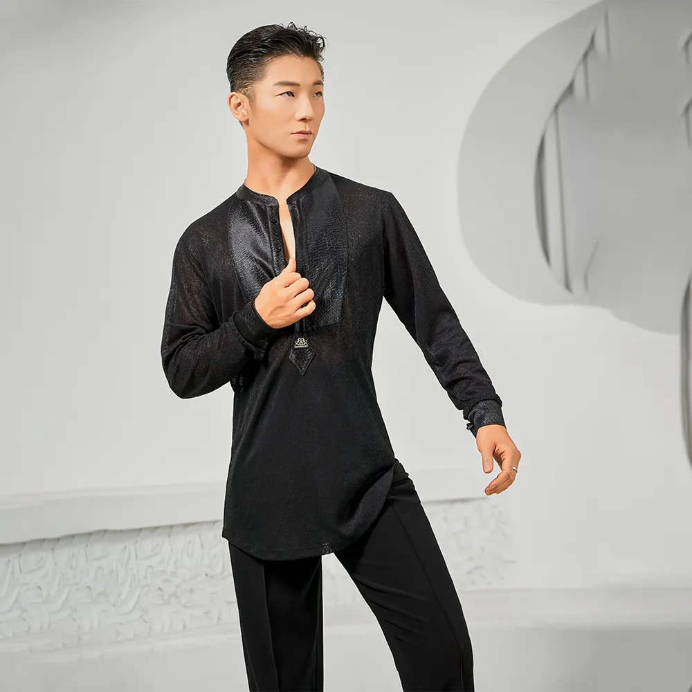 NY707 Men’s Panel Splice Long‑Sleeve Latin Dance Top